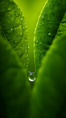 Poster - close-up of dewdrop between green leaves, showcasing vibrant color and texture, symbolizing nature, 