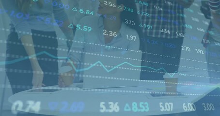 Poster - Financial data and stock market trends animation over business meeting in office