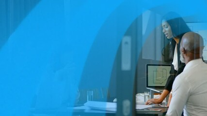 Poster - In school, professionals discussing animation with blue abstract shapes in meeting