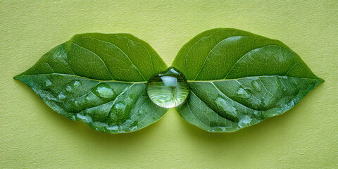 Poster - Two green leaves with water droplets, a water drop in the center, on a light green background, showcasing nature's purity and freshness, ideal for eco-friendly concepts