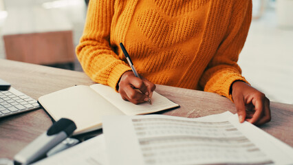 Poster - Writing, notebook and hands of business woman in office for administration, calendar and planning. Schedule, information and project reminder with closeup of employee for agenda and documents