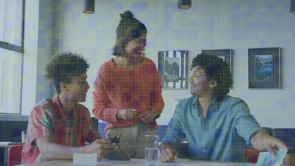 Poster - Three people collaborating at table with digital data processing animation overlay