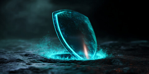 Poster - Glowing cyan shield rests on dark, textured surface, emitting light and particles.  Represents protection, security, or digital defense.  Free space for text.