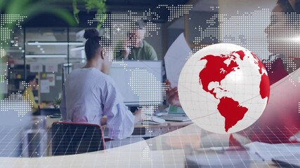 Poster - At desk, businesswoman working with global network animation overlay in office