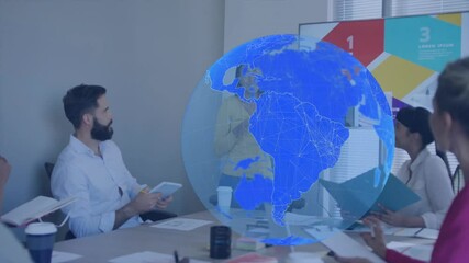 Poster - Discussing documents, diverse professionals in business meeting with digital globe animation