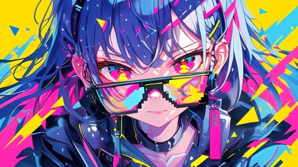 Poster - Anime City Pop Vibes, vibrant illustration of a stylish girl activating a glowing cassette, adorned with pixel glasses and a cyberpunk earpiece, set against a colorful, geometric backdrop.