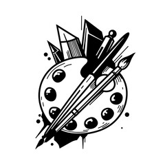 Poster - Artistic Tools in Harmony: A bold illustration showcases a painter's palette, crossed with a paintbrush, pencil, and pen, creating a dynamic symbol of creativity and design.