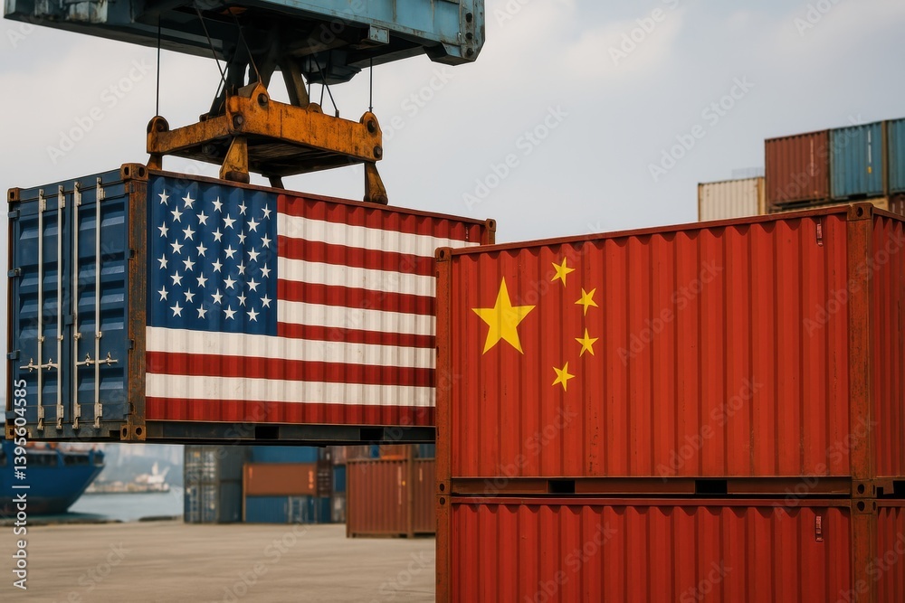 Crane lifting usa flag container near china flag container at port ...