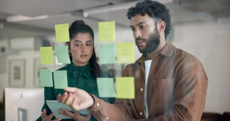 Poster - Business people, thinking or planning with tablet for brainstorming on glass board at office. Businessman, woman or thoughtful employee with sticky notes or schedule for team project or layout ideas