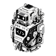 Poster - Artistic Cybernetic: A monochromatic, detailed illustration of an advanced robotic construct, showcasing intricate mechanisms and technological components.