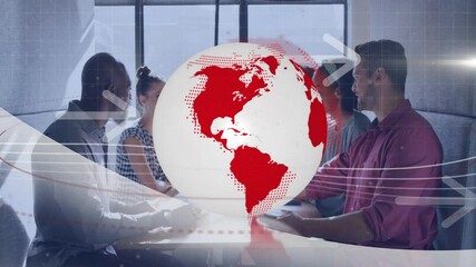 Poster - Business meeting with digital globe and arrows animation overlaying scene