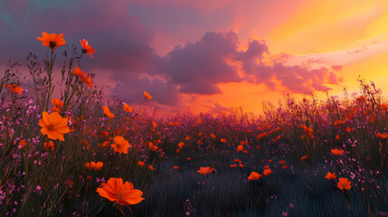 Wall Mural - field of orange sulfur cosmos flowers at dusk, field, fading light, sunset. fading universe. illustr