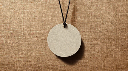 Aufkleber - Beige oval tag hangs on brown textured background, offering blank space for text or logo, ideal for branding, label, or mockup designs.  Showcase potential for advertisement