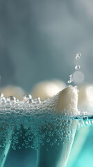 Poster - Close-up of teeth submerged in teal liquid, bubbles rising to the surface, showcasing dental hygiene and cleanliness, symbolic of oral health and care