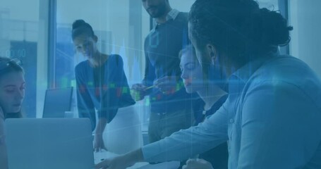 Poster - Collaborating on financial data, business team analyzing animation overlay in office