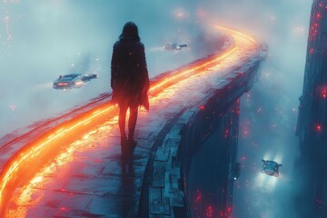 Wall Mural - A Solitary Figure on a Futuristic Bridge