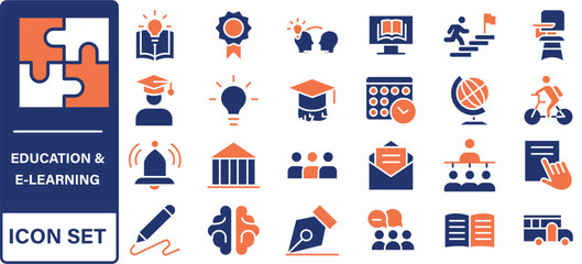 Poster - online education and e-learning line icons. Distance learning collection outline icons collection.