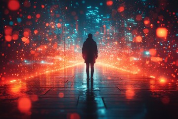 Wall Mural - Solitary Figure on a Neon-Lit City Path