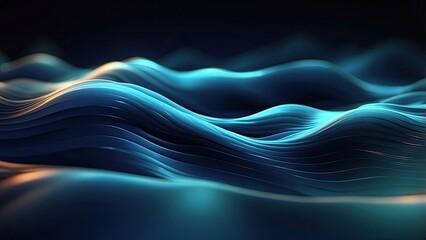 Abstract digital landscape with blue wavy lines converging towards the horizon under a dark