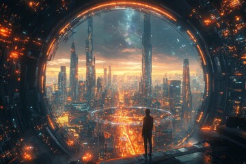 Wall Mural - futuristic cityscape through a portal