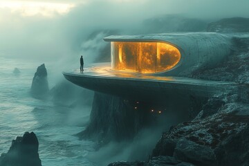 Wall Mural - Coastal Futuristic Architecture in a Misty Landscape