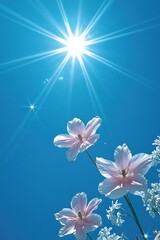 Wall Mural - Flowers face the sky under a bright sun with blue background