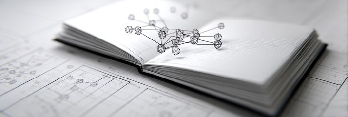 Poster - A Wireframe Book: Network of Ideas - Conceptual symbolizing knowledge, connection, innovation, growth, and structure. A wireframe model rests atop an open notebook