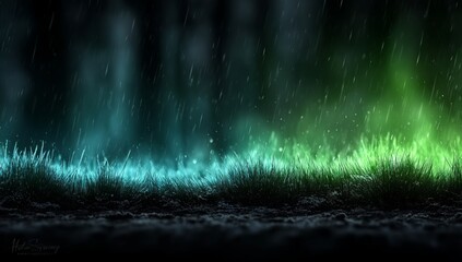 Wall Mural - a grassy field with a green aurora borealis in the background, illuminated by the light of the rain 