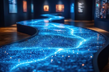Poster - A curved walkway illuminated with blue and sparkling light displays