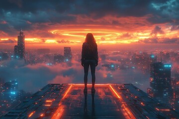 Wall Mural - futuristic cityscape at sunset with woman silhouette