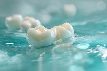 Poster - Close-up of dental crowns floating on turquoise water, showcasing smooth, white surfaces, symbolizing dental hygiene, restoration, and oral health