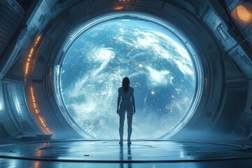 Wall Mural - Astronaut Gazing at Earth from Spaceship Window