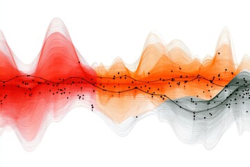 Poster - Abstract Waveform Data Visualization - Abstract depicting flowing waveforms in shades of red, orange, and gray, overlaid with data points. Ideal for technology, finance, or science contexts