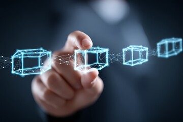 Poster - Accountant Exploring Blockchain Technology - An accountant interacts with a blockchain, symbolizing innovation, security, transparency, efficiency, and financial technology
