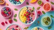 © jbstocks - Aesthetic flat lay of a healthy breakfast with colorful smoothie bowls and fresh fruits,  Generative AI illustrations.