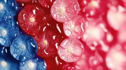 Wall Mural - Floral pattern Blue, red & pink petal close-up with water droplets against a blurred colorful background