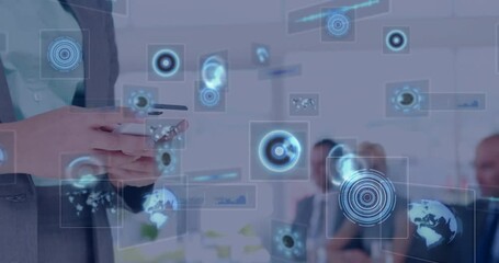 Poster - Using digital devices, business professionals analyzing data with futuristic animations