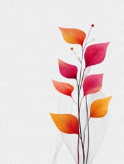 Poster - Autumnal Leaf Branch - Abstract illustration of a stylized branch with vibrant orange and pink leaves on a light gray background