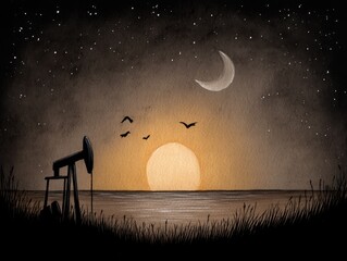 Wall Mural - an oil pump in the middle of a field at night, illuminated by the setting sun and surrounded by bird