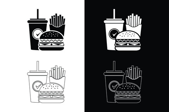Monochrome Fast Food Icon Set Featuring Burger, Fries, and Soft Drink in Multiple Color Inversions