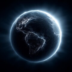 Wall Mural - a black and white globe with a light shining on it, set against a dark background