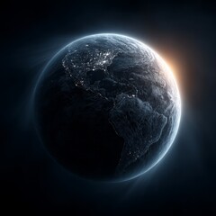 Wall Mural - an artist's impression of the earth at night, illuminated by the light of the sun in a dark backgrou