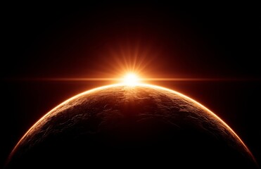 Wall Mural - an orange planet with the sun in the background, illuminated by its bright light the background is a