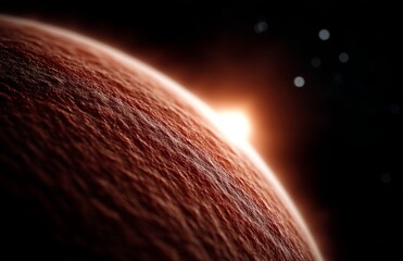 Wall Mural - an artist's impression of a red dwarf planet with a bright light emanating from its surface, surroun