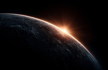 Wall Mural - an artist's impression of a planet with the sun shining brightly over it, set against a dark backgro