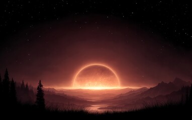 Wall Mural - a beautiful sunset over a mountain range with trees in the foreground, illuminated by the warm light