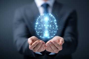 Poster - Brainpower Innovation - Businessperson holding a glowing brain, symbolizing innovation, AI, and technological advancement