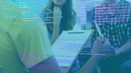 Poster - Discussing programming code overlay, people reviewing clipboard in school setting