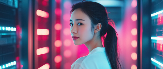 Poster - Server room technician gazes over shoulder in futuristic data center with vibrant lighting