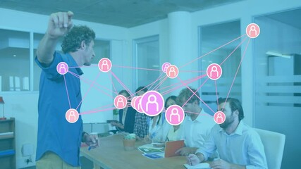 Poster - Discussing business meeting with network connections animation overlaying diverse team